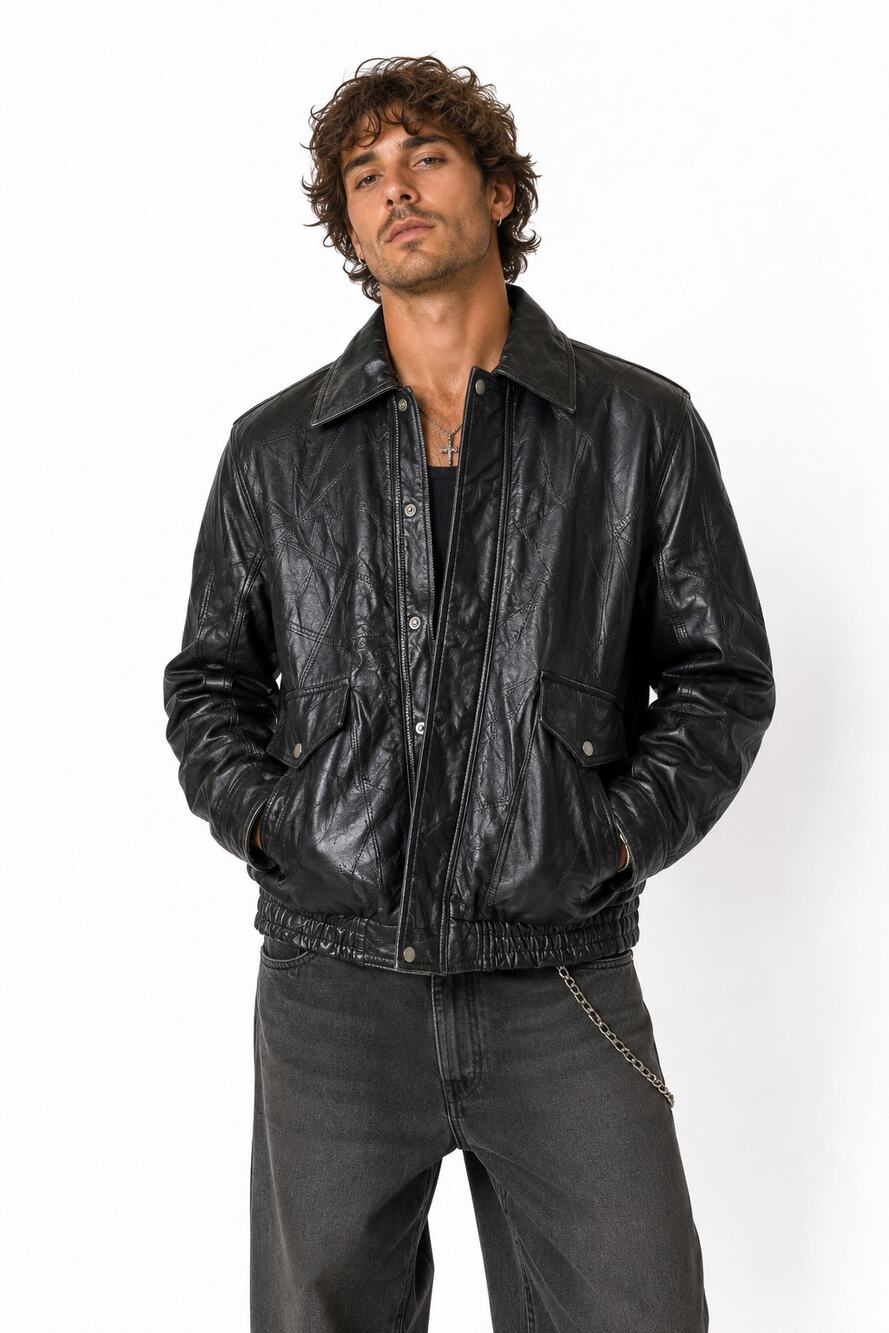 Vintage 90s Genuine Leather Patchwork Jacket Mens M Grunge Boxy Bomber Oversized